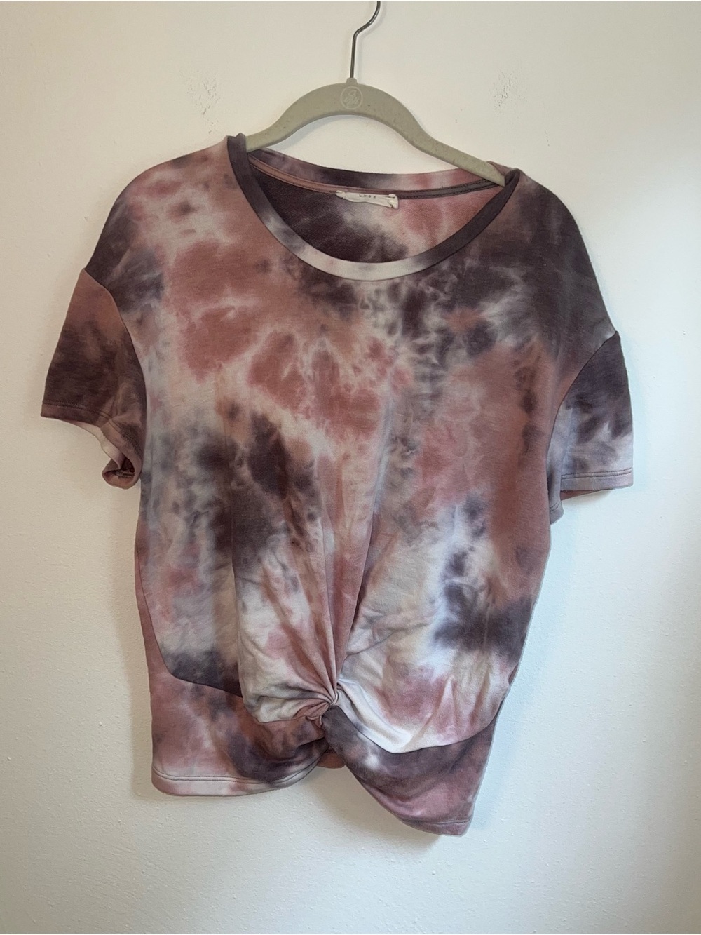 Lush Tie-Dye Knot Front Short Sleeve Top - Dusty Rose, Gray, White